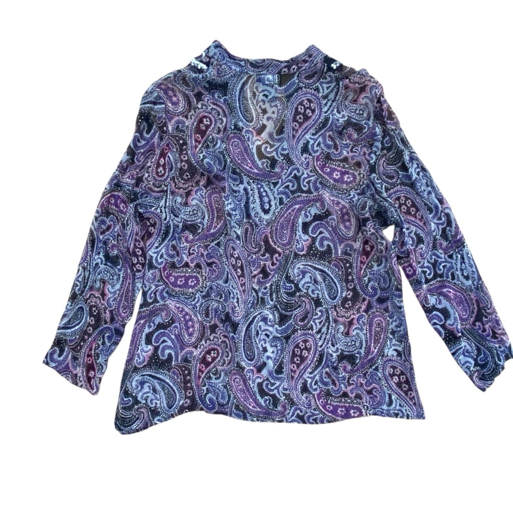 NY Collection 100% Silk Sheer Paisley Blouse Boho Sequin Plus Size 1X - Picture 2 of 10